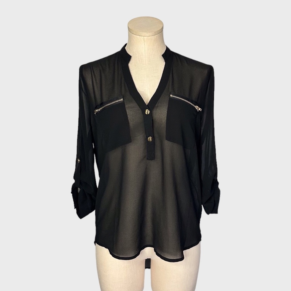 Agaci Sheer Zip Pocket Roll Tab Sleeve Blouse